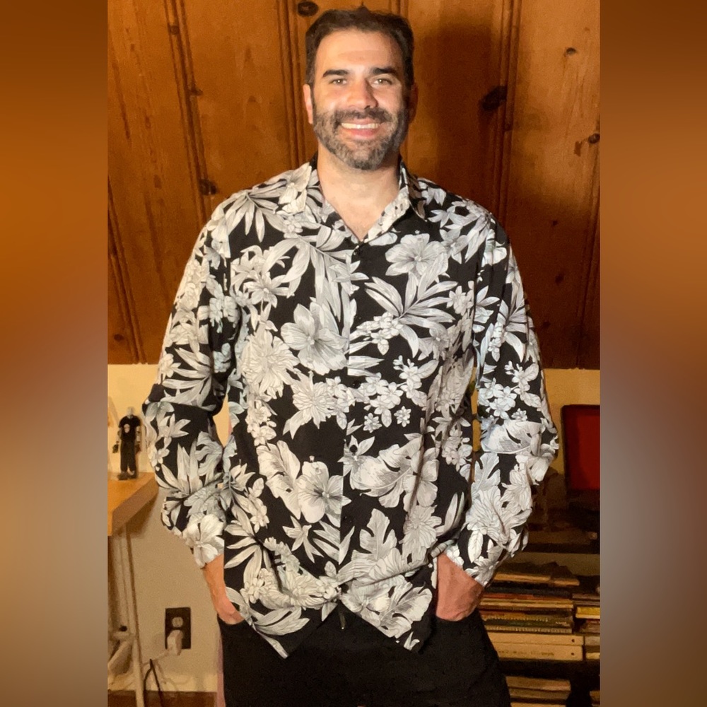“Nova Men” black and white floral print button down shirt.